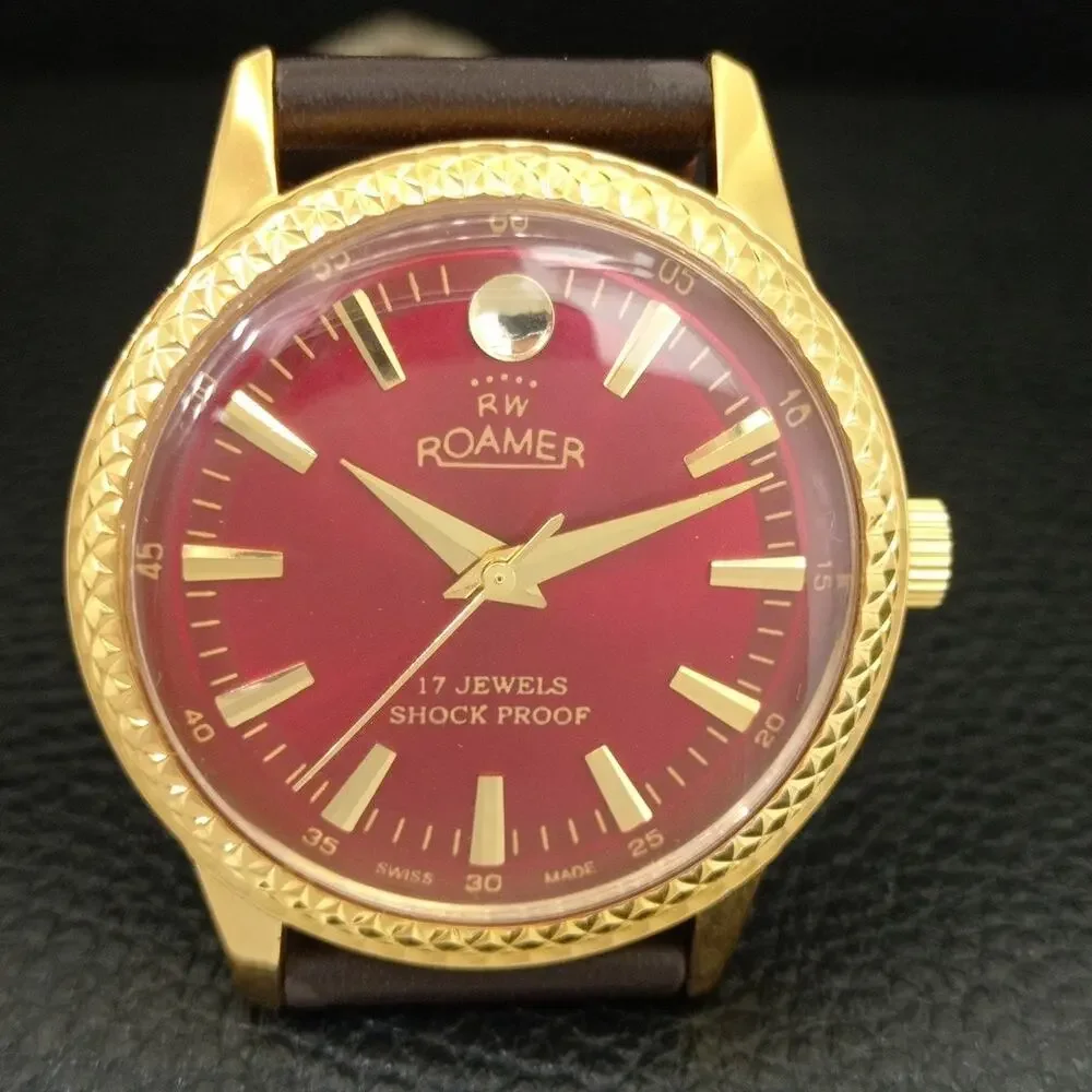 Vintage 1977 Roamer Manual Mens Gold Watch W/Leather Strap & Red accents